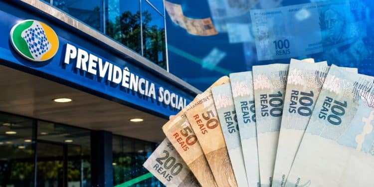 Leque de cédulas de real em frente à fachada de um prédio da Previdência Social, representando o pagamento do BPC.