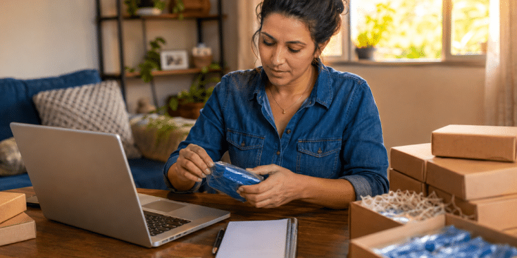 Mulher embala produtos em casa ao lado de notebook caixas e calculadora sobre a mesa