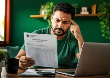Homem analisando um documento do Imposto de Renda com expressão de preocupação, representando um possível erro nos dados bancários da restituição.