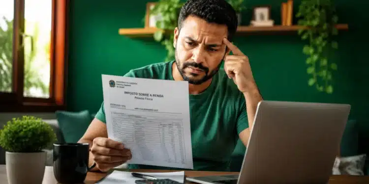 Homem analisando um documento do Imposto de Renda com expressão de preocupação, representando um possível erro nos dados bancários da restituição.
