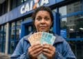 Mulher segurando notas de R$ 50 e R$ 100 em frente a uma agência da Caixa, representando o saque calamidade do FGTS de até R$ 6.220.