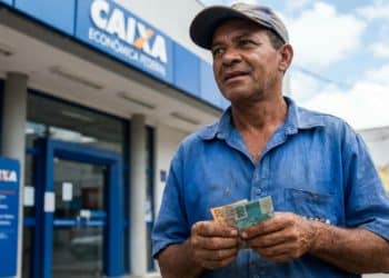 Trabalhador conta cédulas de real em frente a uma agência da Caixa Econômica Federal, banco que paga o Saque Calamidade do FGTS