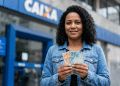 Mulher sorridente segura cédulas de real em frente a uma agência da Caixa, em referência ao saque de R$ 6.220 do FGTS.