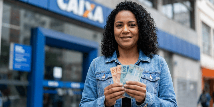 Mulher sorridente segura cédulas de real em frente a uma agência da Caixa, em referência ao saque de R$ 6.220 do FGTS.
