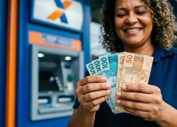 Mulher segurando cédulas de dinheiro em frente ao caixa eletrônico da CAIXA.