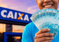 Trabalhador sorri ao segurar cédulas de cem reais em leque diante da fachada de uma agência da Caixa Econômica Federal