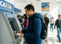Homem utilizando caixa eletrônico da CAIXA para consultar informações sobre saque calamidade.