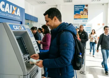 Homem utilizando caixa eletrônico da CAIXA para consultar informações sobre saque calamidade.