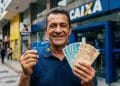 Homem sorri segurando cartão da Caixa e cédulas de R$ 100 e R$ 50 em frente a uma agência da Caixa, ilustrando o Saque Calamidade do FGTS de até R$ 6.220