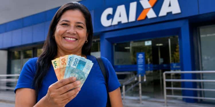 Mulher sorridente segura notas de real diante de uma agência da CAIXA, representando a liberação do Saque Calamidade do FGTS.
