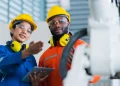 Dois técnicos em segurança do trabalho analisando equipamentos de proteção em ambiente industrial.
