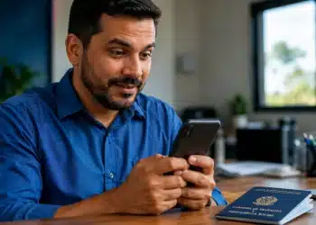 Trabalhador consultando o aplicativo Carteira de Trabalho Digital pelo celular, com a carteira física azul sobre a mesa, representando os 3 pagamentos disponíveis no app.