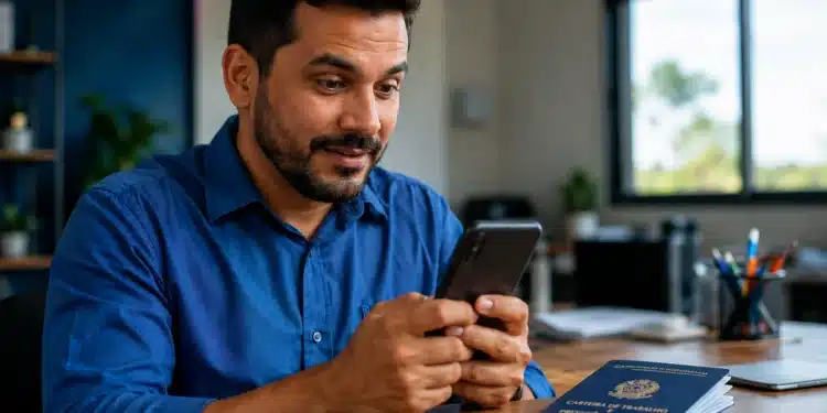 Trabalhador consultando o aplicativo Carteira de Trabalho Digital pelo celular, com a carteira física azul sobre a mesa, representando os 3 pagamentos disponíveis no app.