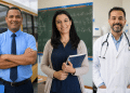 Três imagens mostram diferentes profissionais: na primeira, um motorista; na segunda, uma professora de Matemática; e, na terceira, um médico. A composição representa as oportunidades disponíveis nos processos seletivos com inscrições abertas.