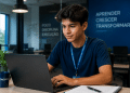 Jovem estagiário usando laptop em mesa de madeira, ambiente corporativo com frases motivacionais ao fundo.