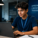 Jovem estagiário usando laptop em mesa de madeira, ambiente corporativo com frases motivacionais ao fundo.