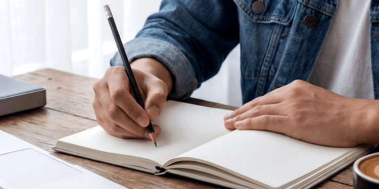 Pessoa escreve em caderno aberto com lápis preto em ambiente de trabalho.
