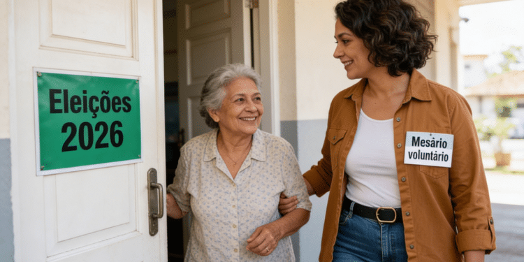 Mesária voluntária auxilia eleitora em seção nas Eleições 2026.