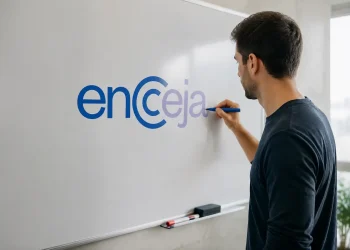 Homem escreve o nome Encceja em um quadro, representando a Declaração Parcial de Proficiência do exame.