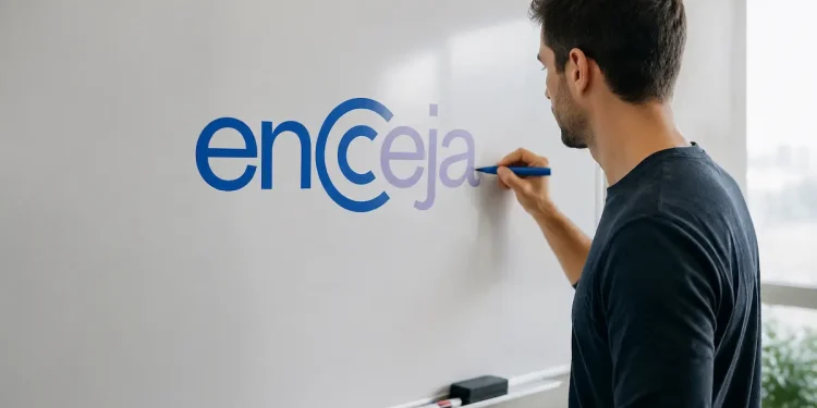 Homem escreve o nome Encceja em um quadro, representando a Declaração Parcial de Proficiência do exame.