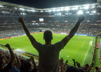 Torcedor comemora em estádio lotado durante partida de futebol.
