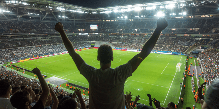 Torcedor comemora em estádio lotado durante partida de futebol.
