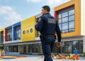 Guarda municipal patrulha pátio escolar em frente a escola colorida.