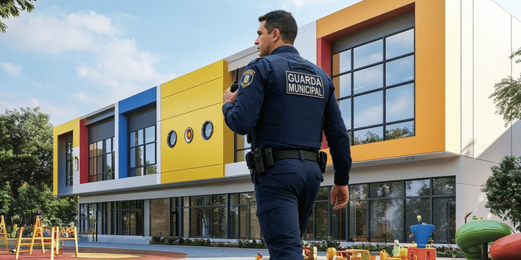Guarda municipal patrulha pátio escolar em frente a escola colorida.