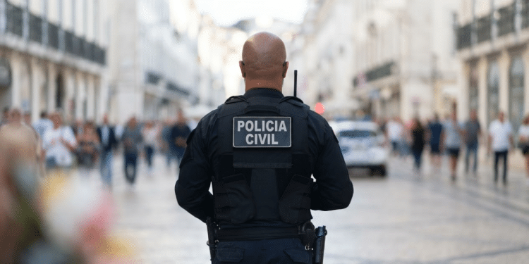 Policial civil patrulha rua movimentada em operação urbana.