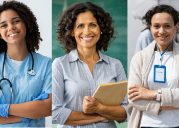 Diferentes profissionais em seus locais de trabalho.