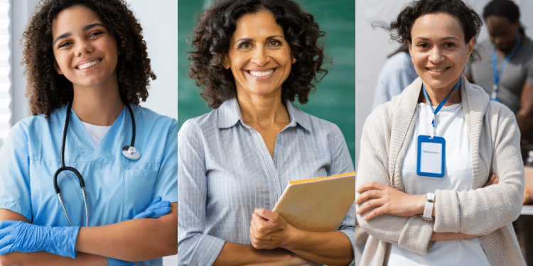 Diferentes profissionais em seus locais de trabalho.