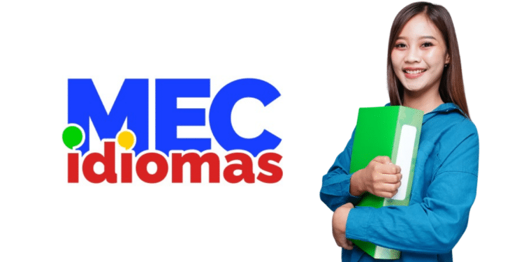 Jovem estudante com pasta verde ao lado do logo MEC Idiomas.