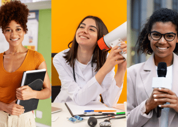 Três profissionais em diferentes locais de trabalho.