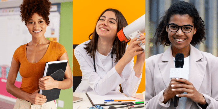Três profissionais em diferentes locais de trabalho.