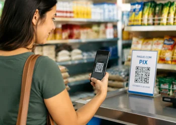 Mulher realizando pagamento via Pix por QR Code em estabelecimento comercial.