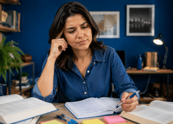 Mulher de camisa jeans consulta livros abertos sobre a mesa com expressão de dúvida durante os estudos