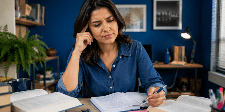 Mulher de camisa jeans consulta livros abertos sobre a mesa com expressão de dúvida durante os estudos