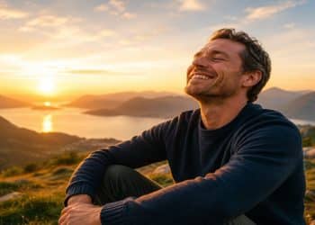 Homem sorri de olhos fechados diante do pôr do sol, transmitindo a paz de quem se libertou de sentimentos negativos