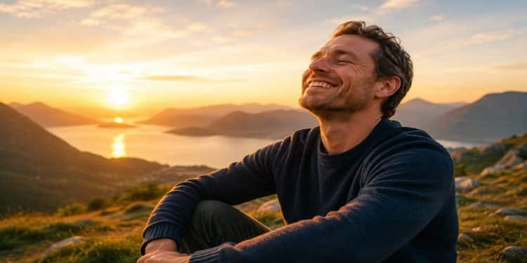 Homem sorri de olhos fechados diante do pôr do sol, transmitindo a paz de quem se libertou de sentimentos negativos