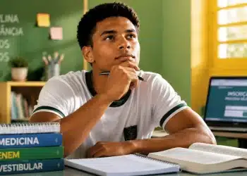 Estudante estudando para Medicina com livros de Enem e vestibular, representando alternativas para cursar a faculdade sem altos custos.