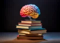 Cérebro colorido sobre livros representa os efeitos de aprender algo novo na capacidade de raciocínio e desenvolvimento mental.