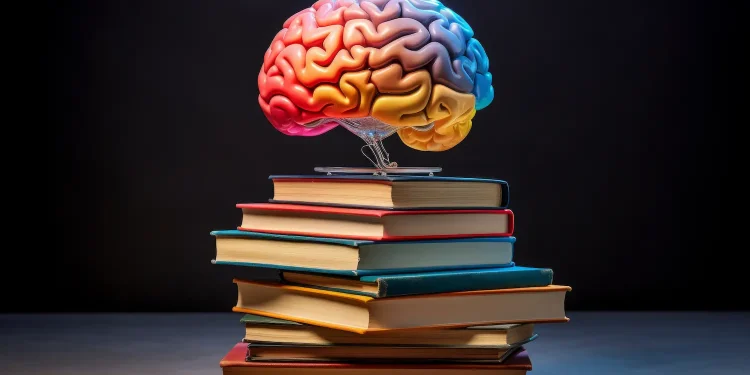 Cérebro colorido sobre livros representa os efeitos de aprender algo novo na capacidade de raciocínio e desenvolvimento mental.