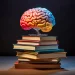Cérebro colorido sobre livros representa os efeitos de aprender algo novo na capacidade de raciocínio e desenvolvimento mental.