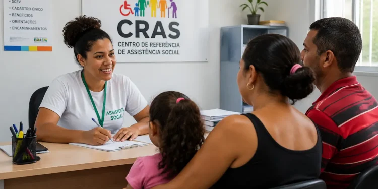 Assistente social atende família durante orientação em uma unidade do CRAS.