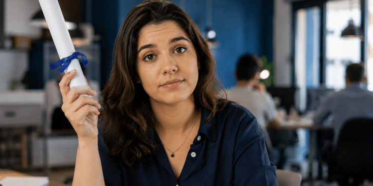 Jovem segura diploma enrolado com fita azul e expressão reflexiva em ambiente de escritório