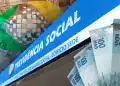 Fachada da Previdência Social com cédulas de real, representando o impacto do reajuste do salário mínimo nos benefícios do INSS.