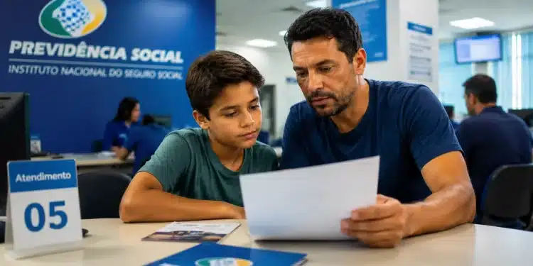 Pai e filho lendo documento durante atendimento no INSS, representando a conferência dos direitos do MEI além da aposentadoria e dos benefícios previdenciários destinados à família.