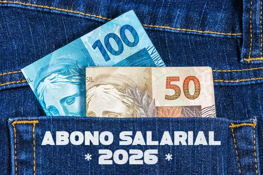 Cédulas de real no bolso de uma calça, com o texto “Abono Salarial 2026” sobreposto, representando o cálculo do valor do Abono Salarial.