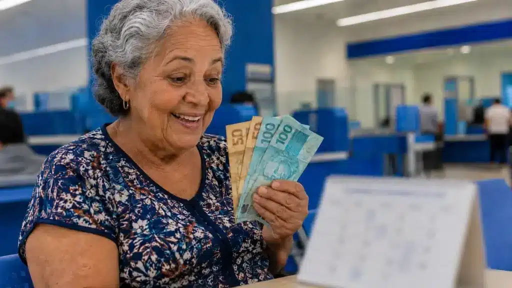 Idosa segurando dinheiro em agência bancária, representando o pagamento de benefícios do INSS no calendário de junho de 2026