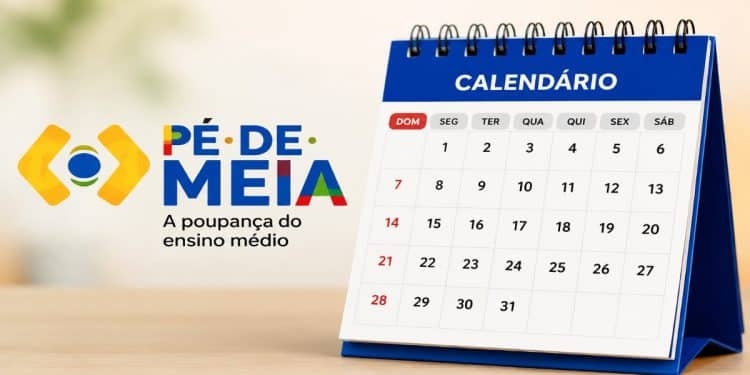 Calendário de mesa ao lado do logo do Pé-de-Meia, ilustrando as datas de depósito de 24 a 31 de agosto de 2026 conforme o mês de nascimento do estudante